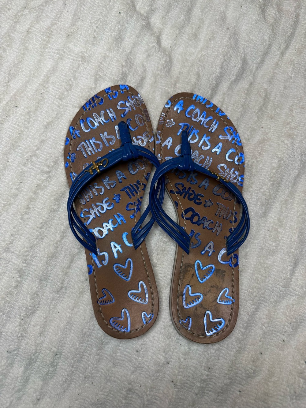 Coach Blue Thong Sandals Flip Flops Graffiti Print Size 6 - Picture 3 of 4